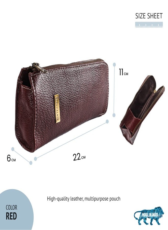 TRAVALATE Leather Utility Bag Pen Pencil Holder for Office & School - Zipper Stationary Utility Bag Pencil Kit for Girls, Boys, Kids, Men/Women or Job Workers (L22 X W6 X H11) CM -Red - Image 2